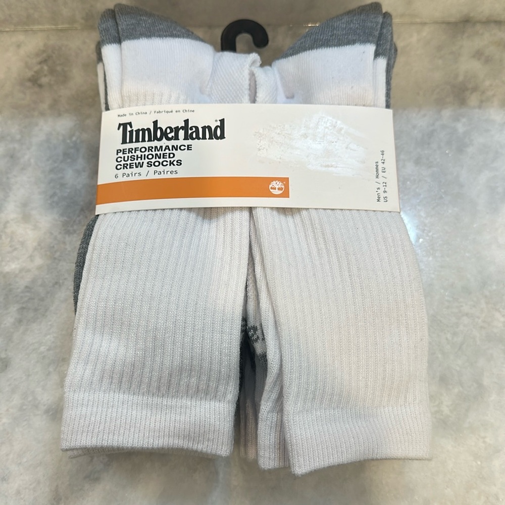 Timberland Men's Performance Cushioned Crew Socks 6 Pack Sz 9-12 White & Gray